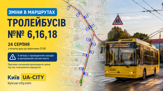 Пасажирів попереджають про зміни: 24 серпня три тролейбуси не курсуватимуть до центру Києва